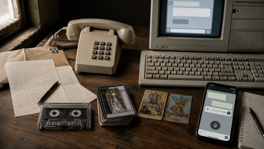Correspondência, fita cassete, telefone, computador e celular representam a evolução das consultas de tarot a distância desde 1996.