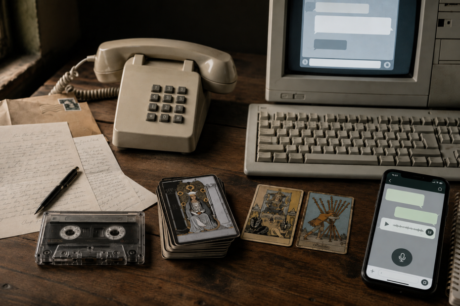 Correspondência, fita cassete, telefone, computador e celular representam a evolução das consultas de tarot a distância desde 1996.