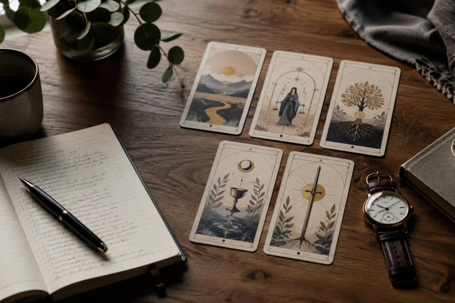 Cartas de tarot ao lado de um caderno e um relógio, representando reflexão sobre quando consultar o tarot.